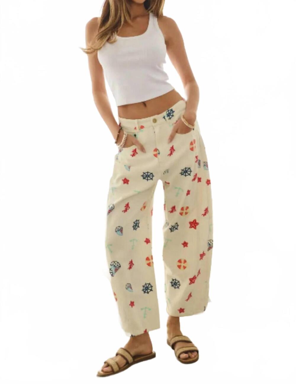 NEW ODDI marine inspired print pants in cream